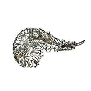 Vintage SAC silver-tone Feather‎ Plume Brooch Pin signed